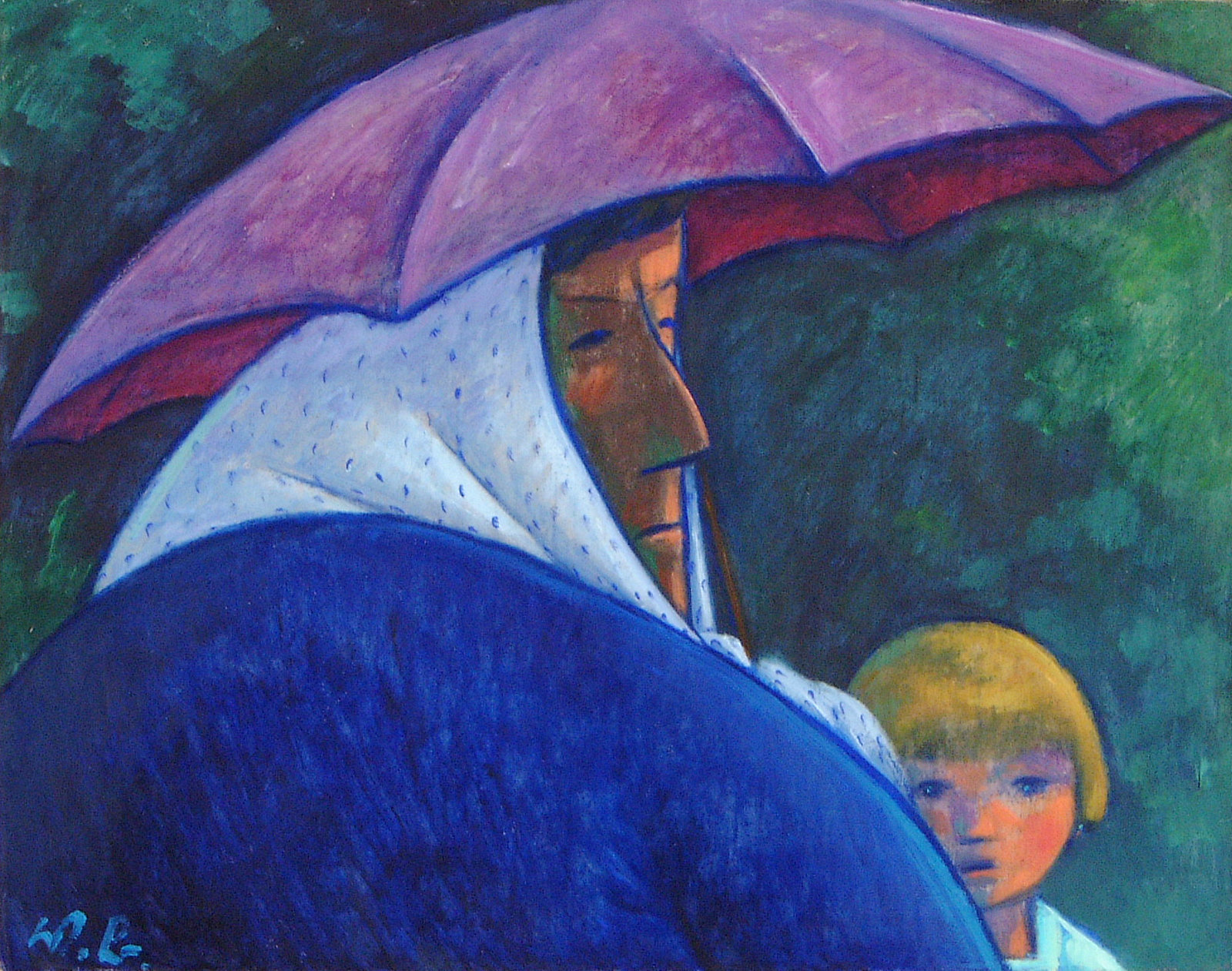 Frau mit Schirm und Mädchen