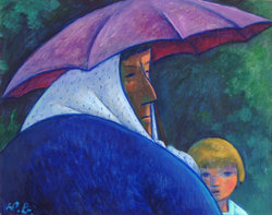 Frau mit Schirm und Mädchen