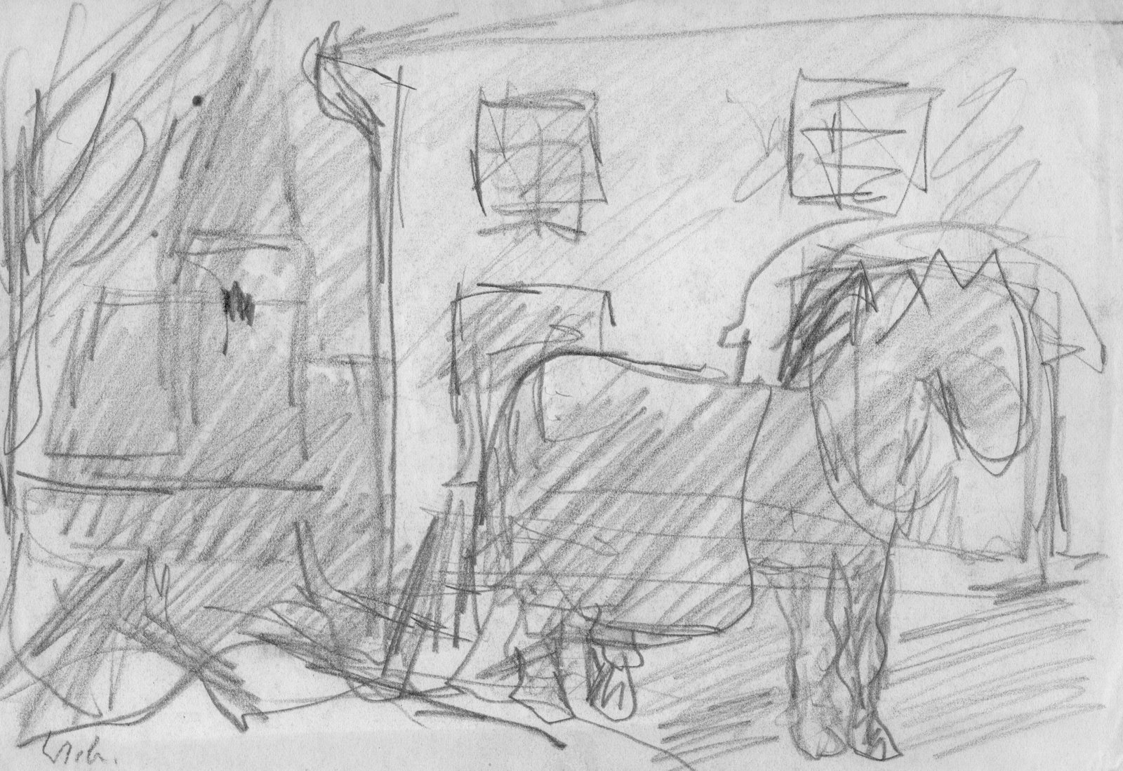 Pferdeschlitten vorm Haus