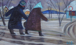 Bauernpaar im Winter unterwegs (Glatteis)