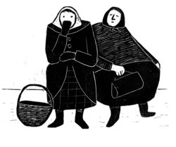 Wartende Frauen mit Korb