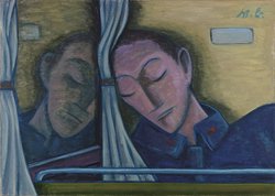 Fahrgast, schlafend (mit Spiegelbild)