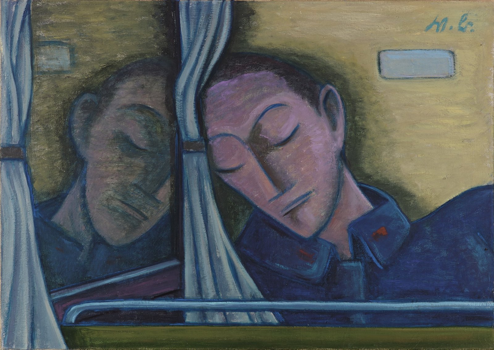 Fahrgast, schlafend (mit Spiegelbild)